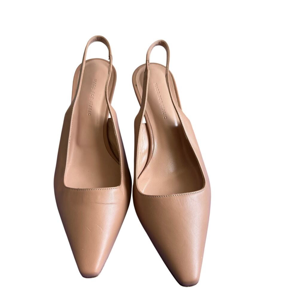 Italic Nude Leather Pointed-Toe Slingback Kitten Heel Pumps size 37